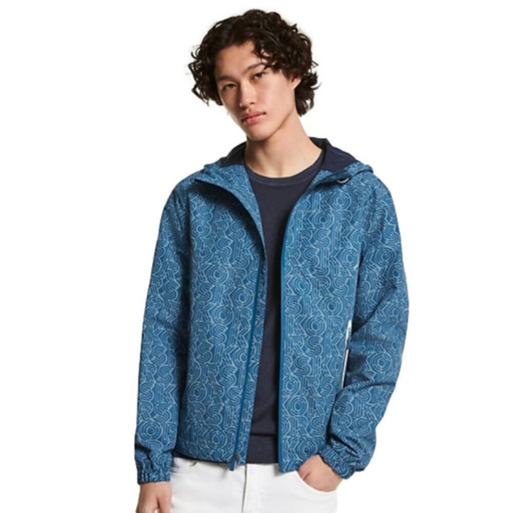 Michael Kors Mens Blue All Over Logo Print Hooded Lightweight Jacket XL